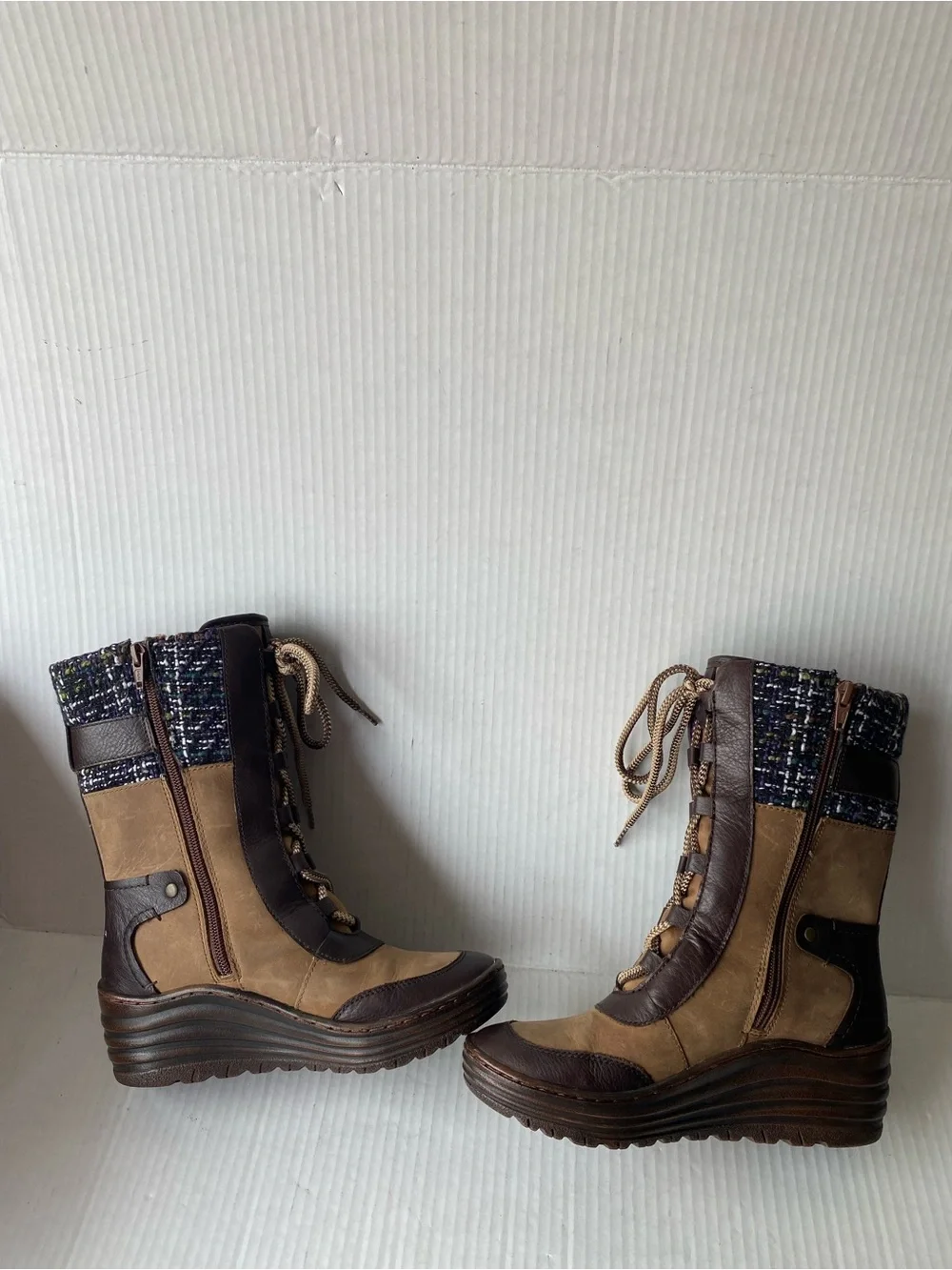 BIONICA Garland Brown Leather Purple Tweed Wedge Snow Boot 6.5 Gorpcore
